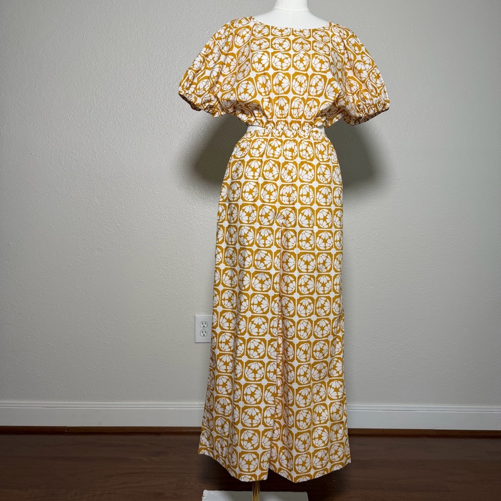 Rebecca Taylor Yellow/White Print Cutout Poplin Jumpsuit Puff Sleeves (Size 2)